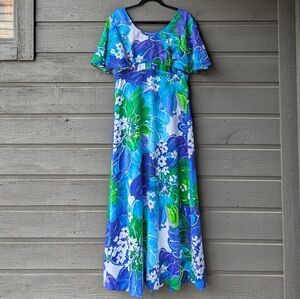 VTG 70s Tori Richard Honolulu Empire Waist Flutter Sleeve Maxi Dress Size 16
